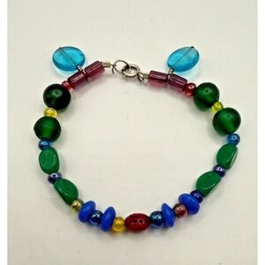 Vtg 925 Silver Multicolor Glass Bead Bracelet Ladybug Accent